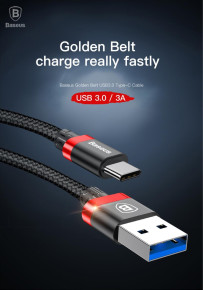 Луксозен USB 3.0 към Type C кабел 3.0A 1m BASEUS GOLDEN BELT черен с оплетка